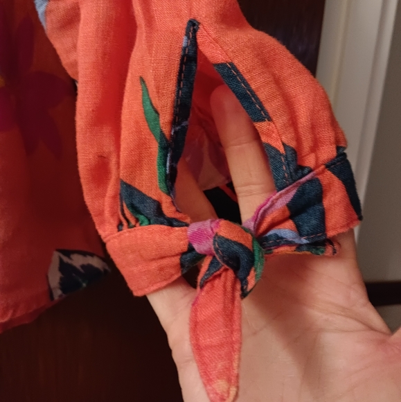 Old Navy~Relaxed Tie Cuff Linen Blend Tropical Orange Blouse - Picture 6 of 15